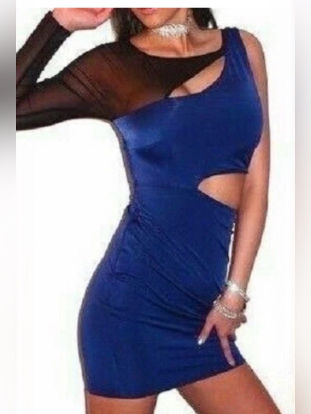 bebe One-Shoulder Cutout Dress in Royal Blue & Black